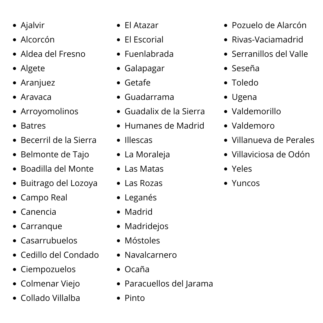 Listado de localidades donde ofrecemos servicios de jardinería, poda, tala y mantenimiento de árboles en Madrid y Toledo