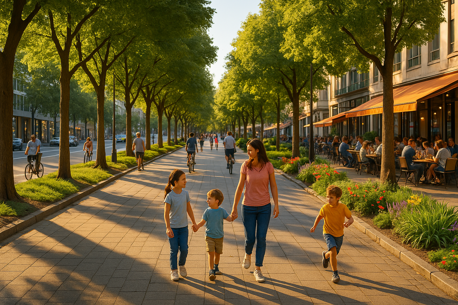 paseo-urbano-sostenible-arboles-sombra-ciudad-verde paseo urbano sostenible con arboles sombra familias caminando ciudad verde