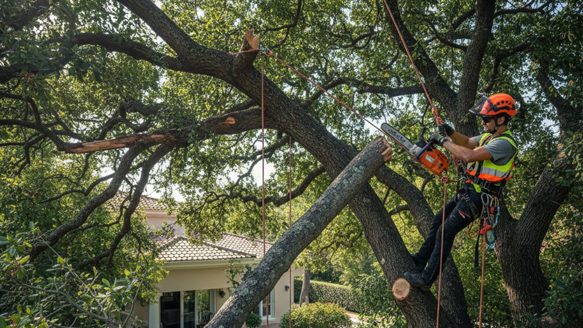 servicio-poda-altura-profesional-jardineria-pacheco. Arborista profesional de Jardinería Pacheco realizando poda en altura con motosierra y equipo de seguridad en un árbol residencial.