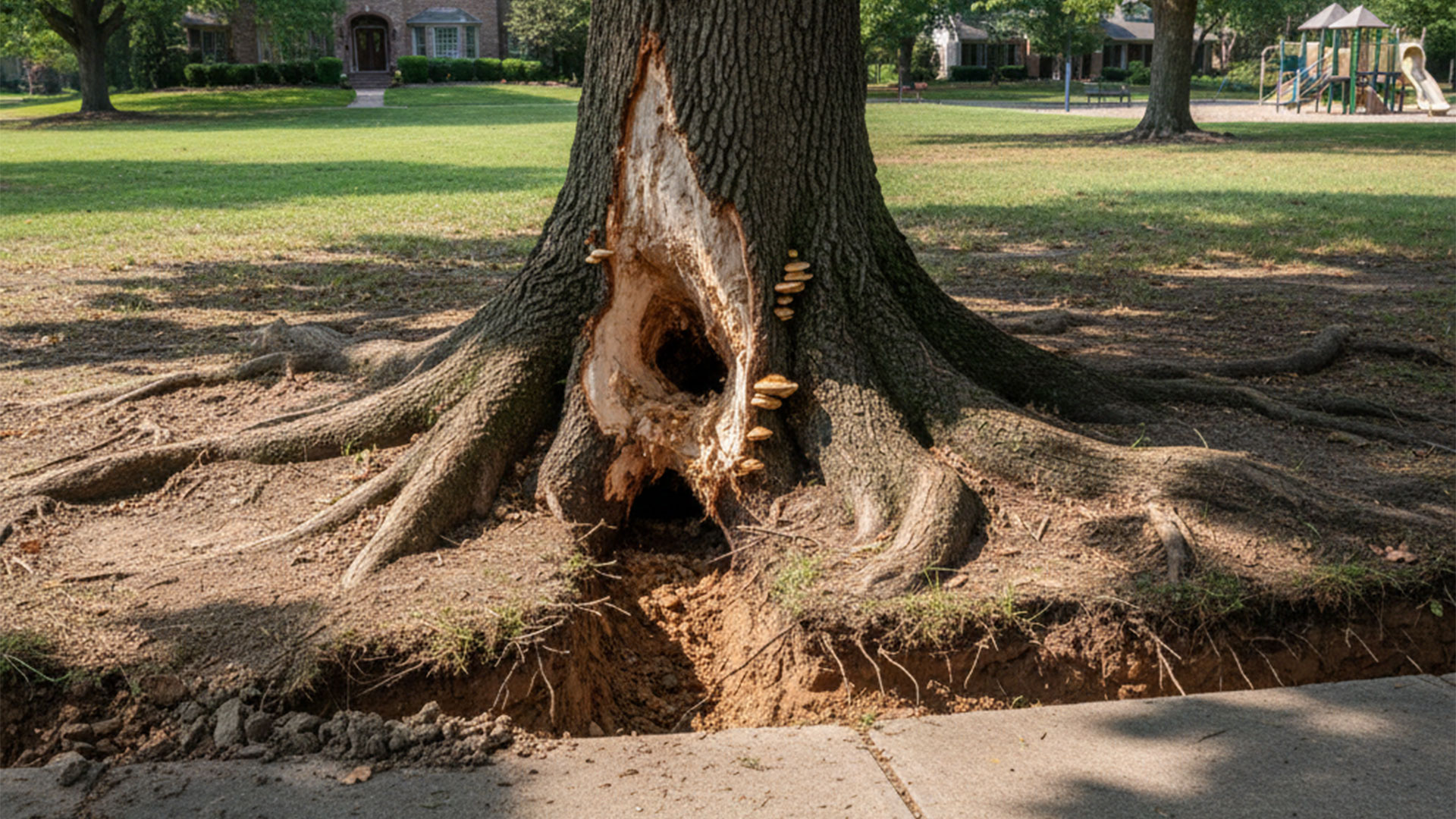 inspeccion-danos-raiz-arbol-jardineria-pacheco Primer plano de daños estructurales en las raíces superficiales de un pino con grietas en el terreno circundante.