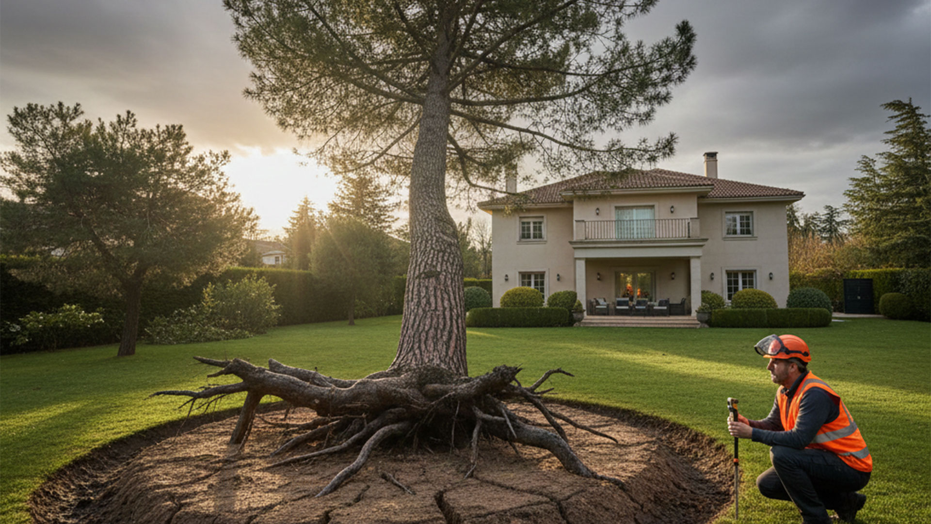 inspeccion-raices-arbol-jardineria-pacheco Especialista en arboricultura examinando raíces expuestas de un pino en el jardín de una vivienda unifamiliar.