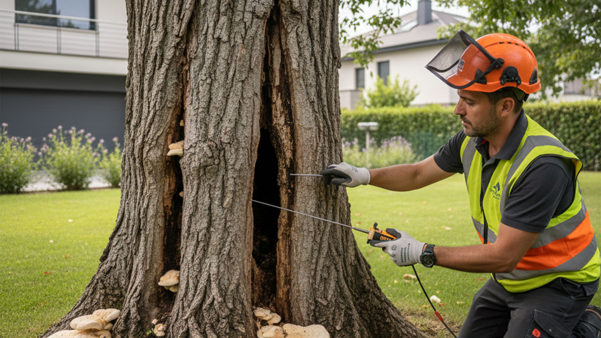 inspeccion-raices-arbol-peligroso-jardineria-pacheco Arborista profesional evaluando raíces expuestas y estabilidad de un pino en un jardín residencial.