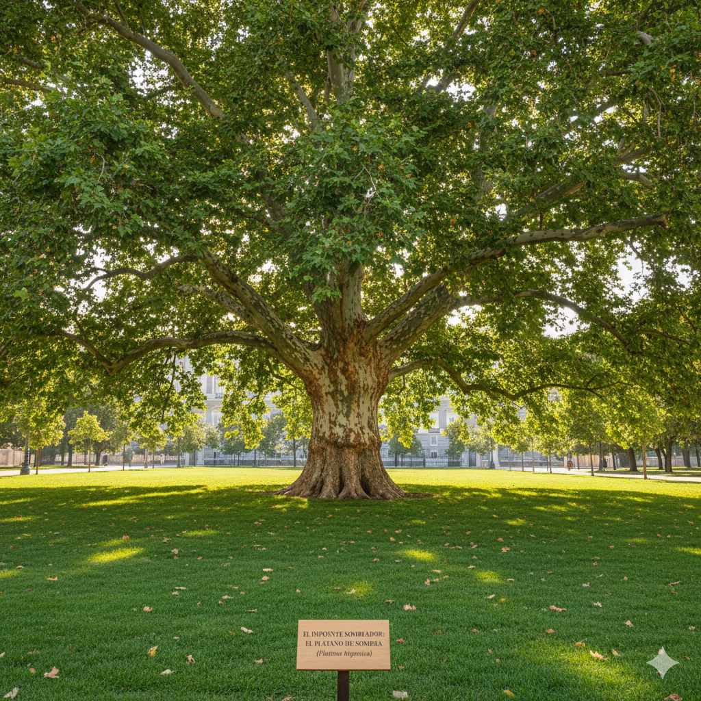 Gran ejemplar de Plátano de Sombra (Platanus hispanica) proporcionando sombra densa en un parque de Madrid.