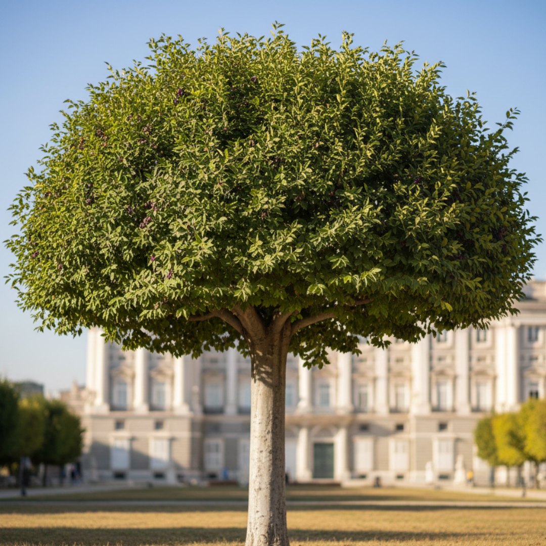 Árbol Almez (Celtis australis) con copa redondeada y densa, ideal para el clima de Madrid por su resistencia a heladas y calor extremo.