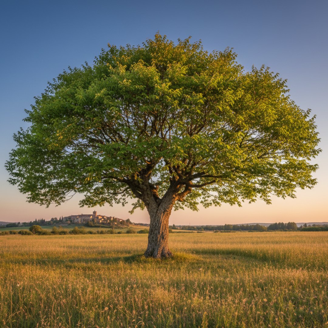 Fresno común (Fraxinus angustifolia) de porte majestuoso en un campo abierto, árbol ornamental rústico resistente al clima de Madrid.