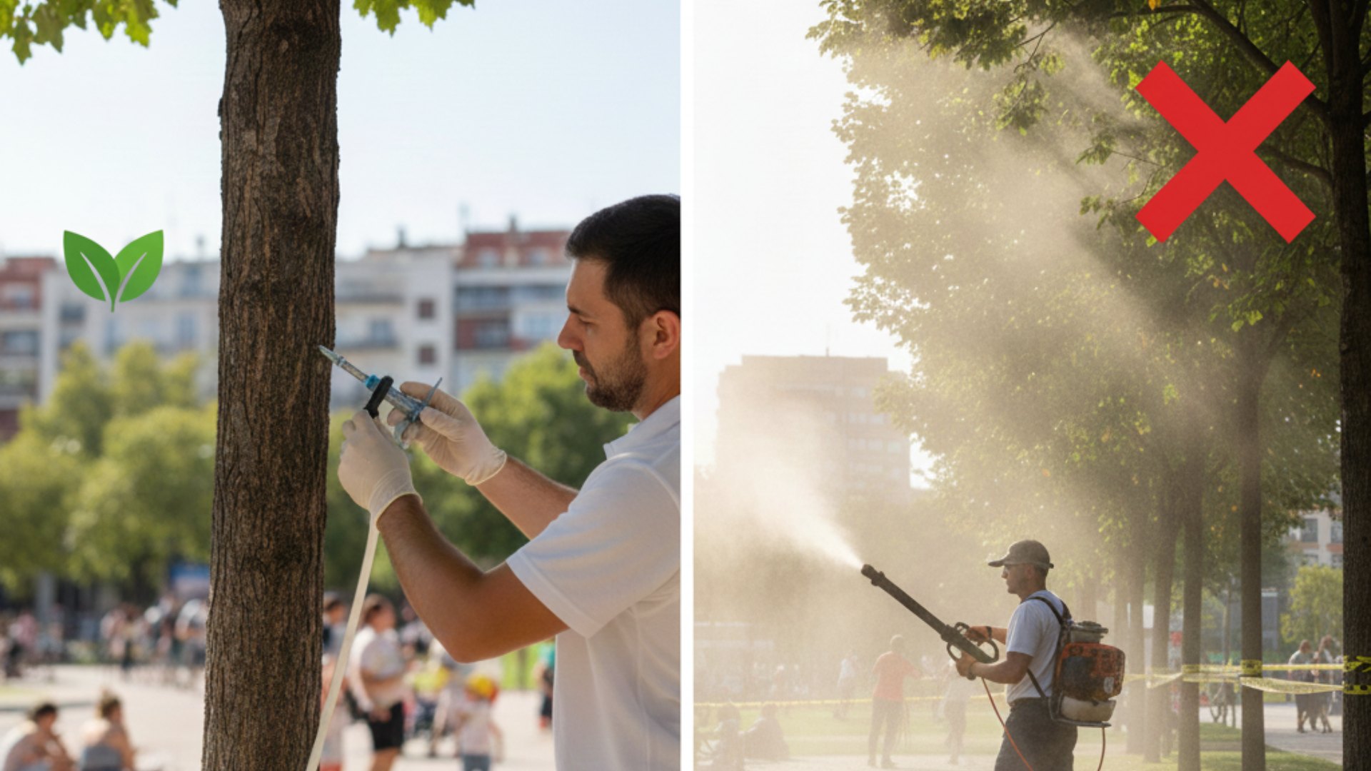 Comparativa entre endoterapia arbórea (método limpio) y fumigación tradicional por aspersión en parques públicos de Madrid.