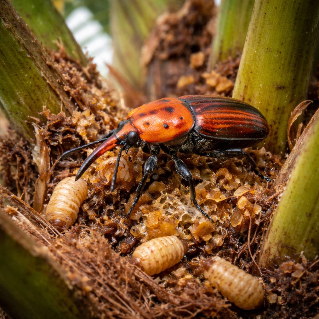 Escarabajo Picudo Rojo (Rhynchophorus ferrugineus) sobre fibras dañadas de una palmera infectada en Madrid.