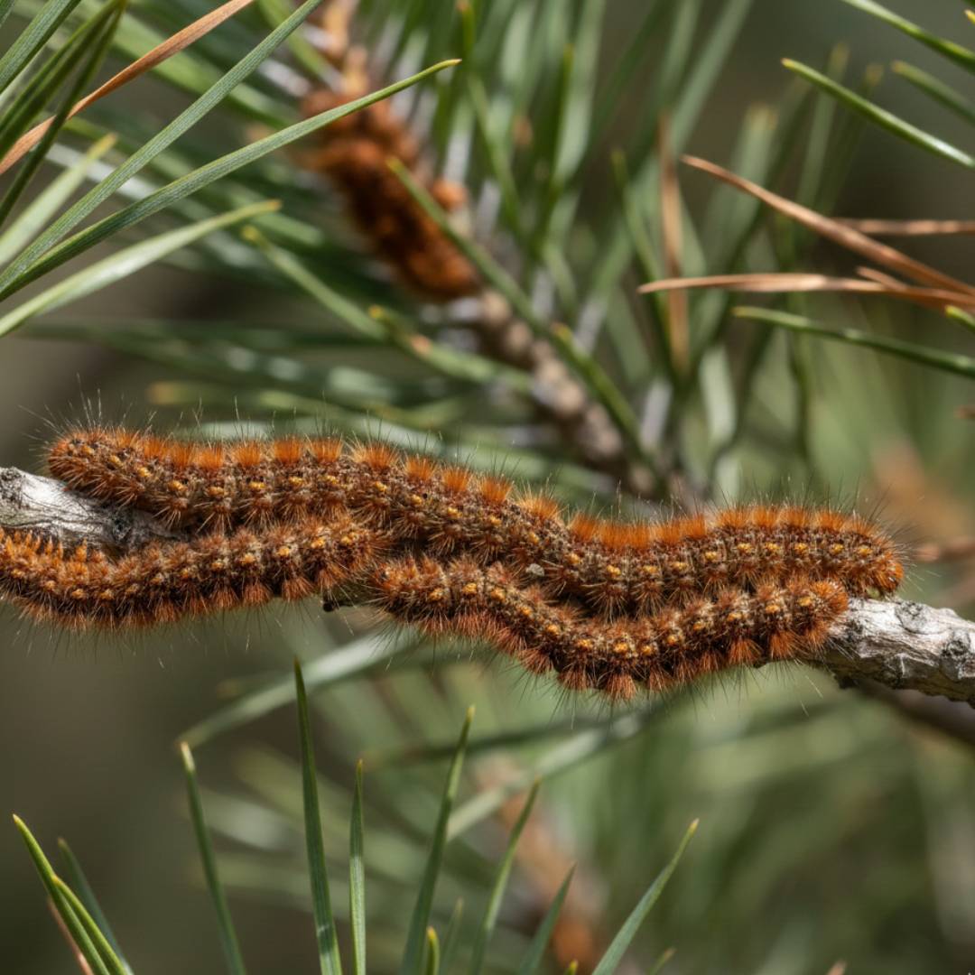Hilera de orugas de Procesionaria del pino (Thaumetopoea pityocampa) descendiendo de un árbol para enterrarse en el suelo.