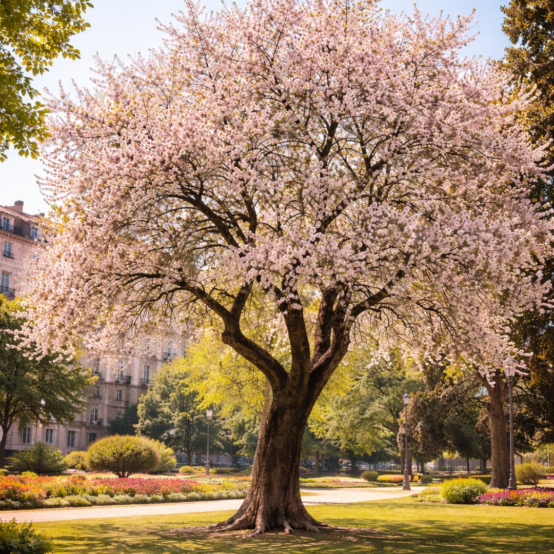 almendro-prunus-dulcis-mantenimiento-madrid Árbol Almendro (Prunus dulcis) en un jardín particular de Madrid, mostrando su porte característico y salud foliar.