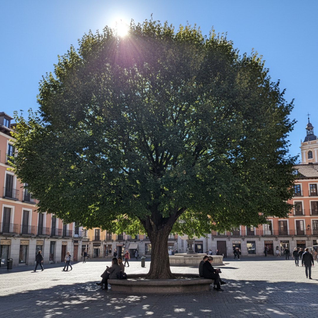 arce-acer-paisajismo-urbano-madrid Árbol de la especie Arce (Acer) con copa frondosa proporcionando sombra en una plaza pública de Madrid.