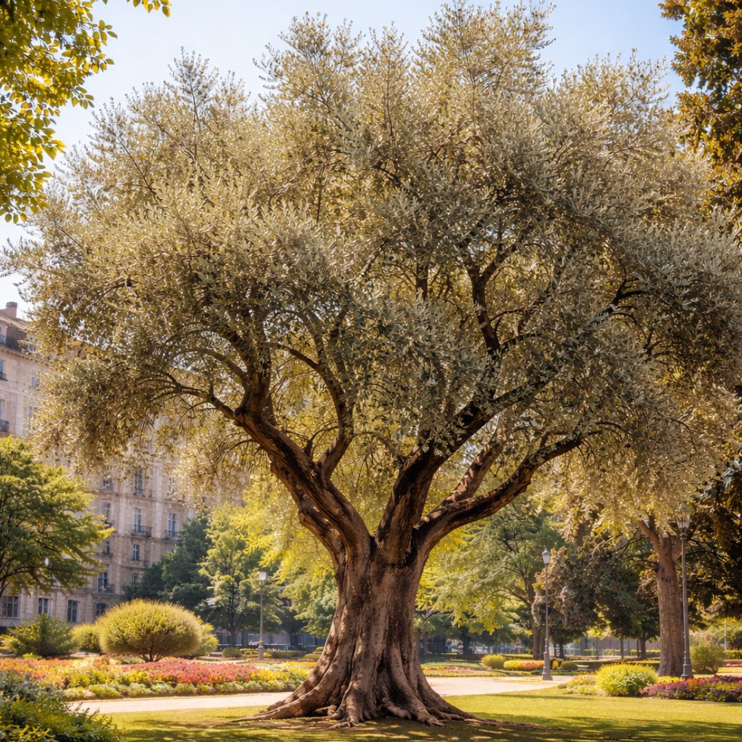 mantenimiento-olivos-centenarios-madrid Olivo centenario (Olea europaea) con tronco retorcido y copa podada en un jardín privado de la Comunidad de Madrid.