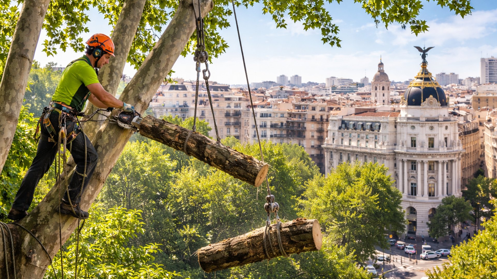 Poda en altura en Madrid centro con arborista profesional realizando tala controlada
