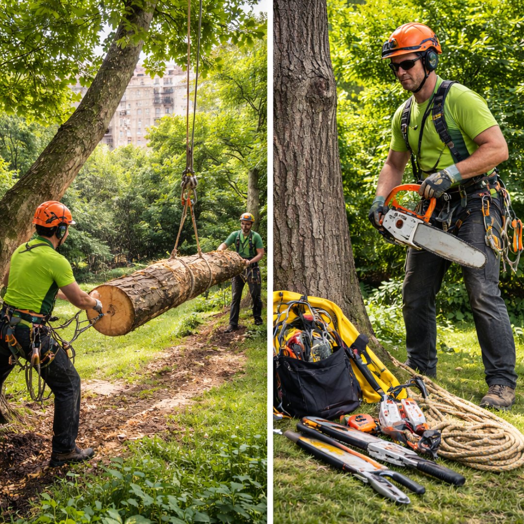 Tala controlada en Madrid con arboristas profesionales y sistema de cuerdas en zona urbana
