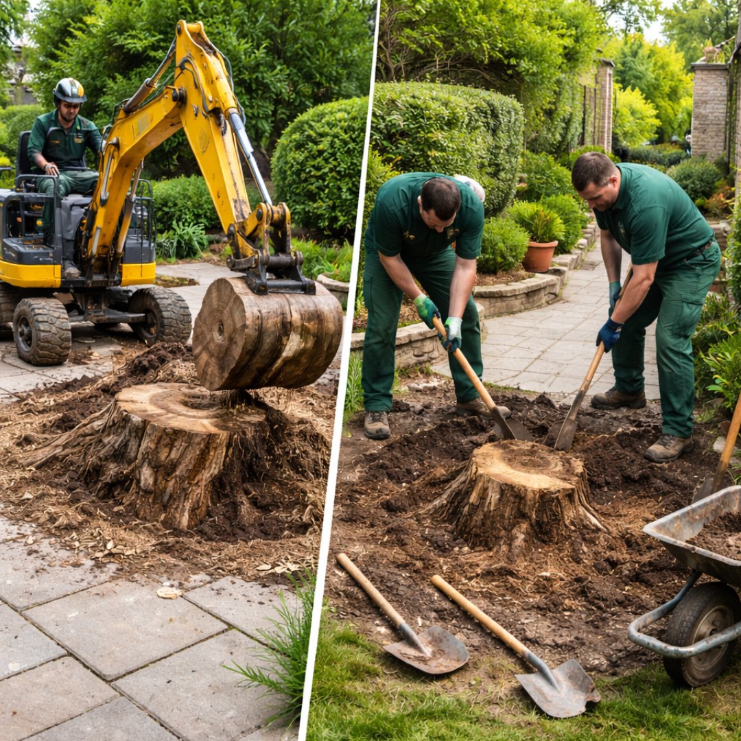 Retirada de tocones en Madrid | Servicio profesional con maquinaria y extracción manual Retirada de tocón de árbol en Madrid con excavadora y extracción manual en jardín residencial