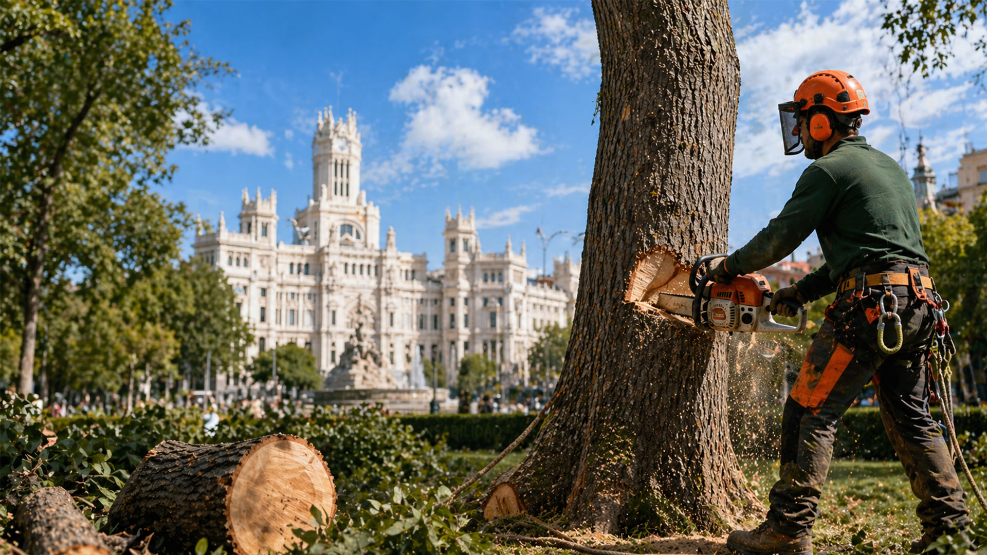 Tala de árbol en Madrid con motosierra cumpliendo normativa y permisos municipales