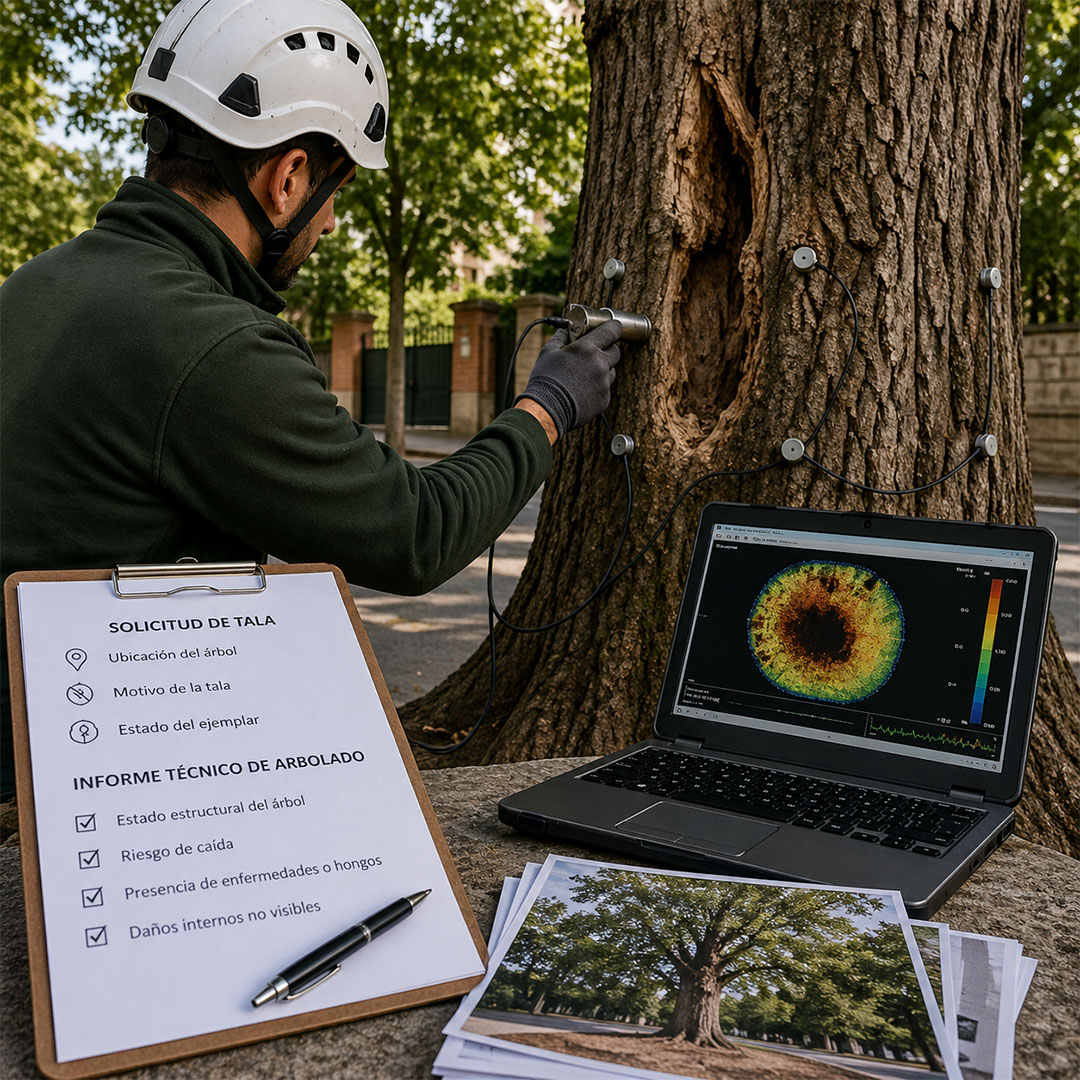 Tomografía de árbol e informe técnico de arbolado en Madrid para evaluación de riesgo y solicitud de tala