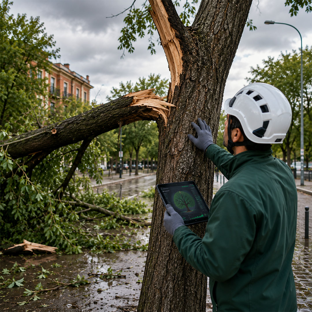 Evaluación VTA de árbol dañado tras temporal y fuertes vientos en Madrid realizada por especialista en arboricultura