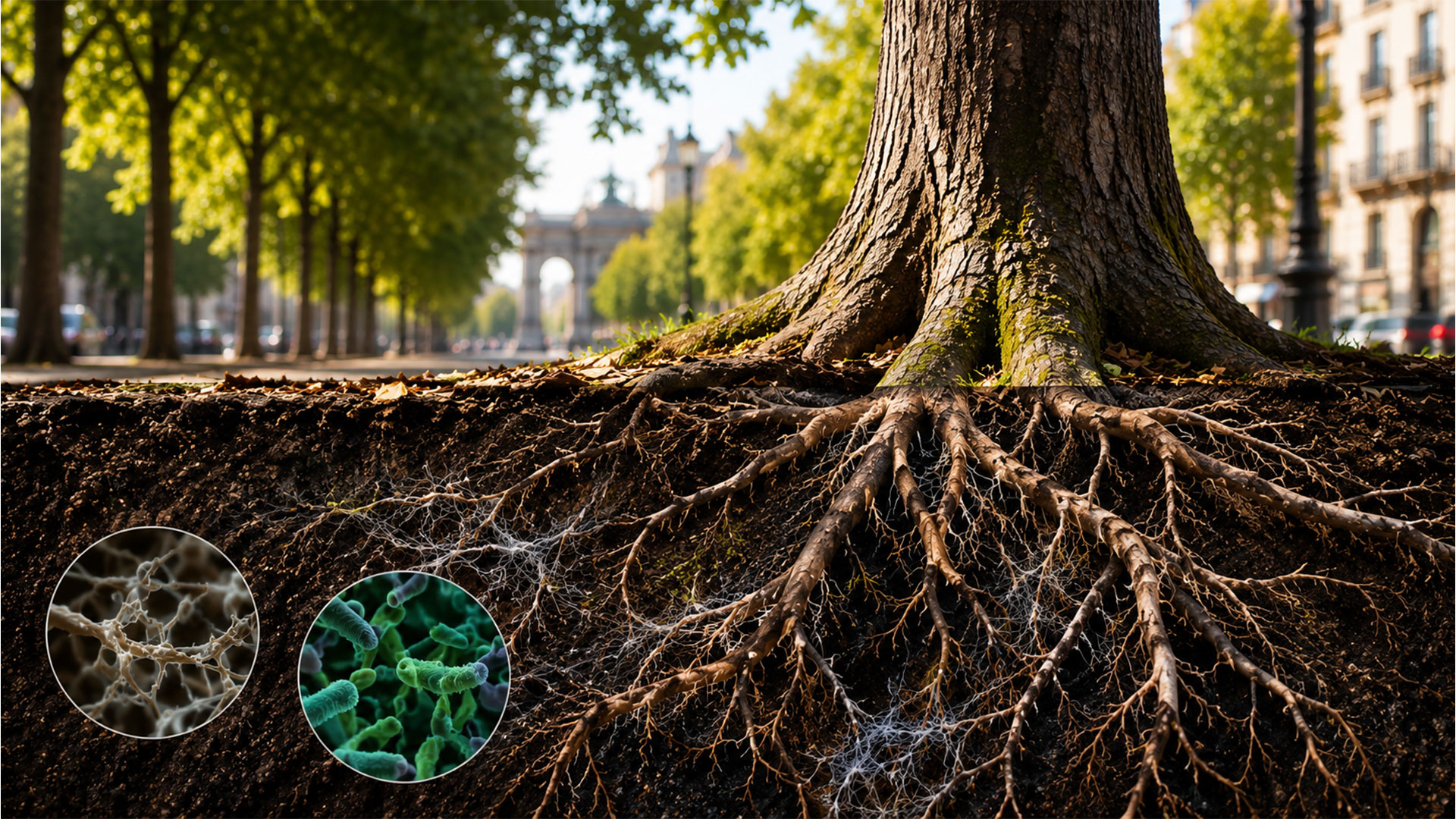 Microbiología del suelo y salud de árboles urbanos en Madrid Sistema radicular de árbol urbano en Madrid con actividad microbiológica beneficiosa en el suelo