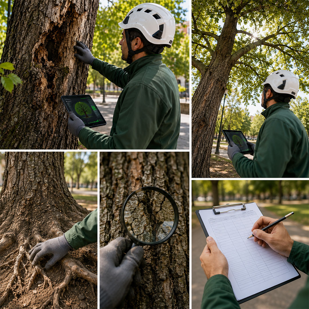 Proceso de evaluación VTA en árbol urbano de Madrid realizado por especialista en arboricultura y diagnóstico de riesgo