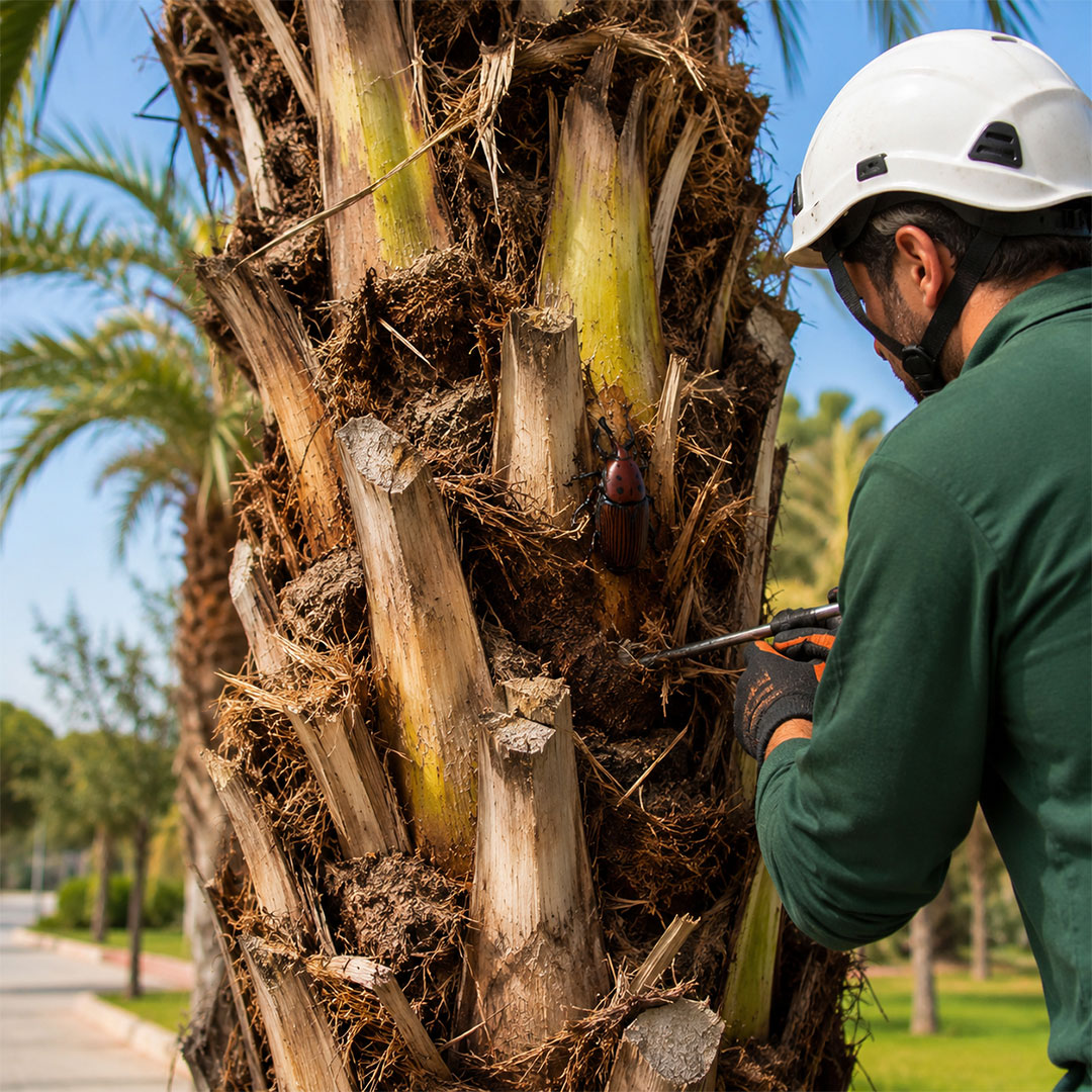inspeccion-palmera-picudo-rojo-madrid Evaluación de riesgo en árbol con daño en el tronco en Madrid por arborista profesional