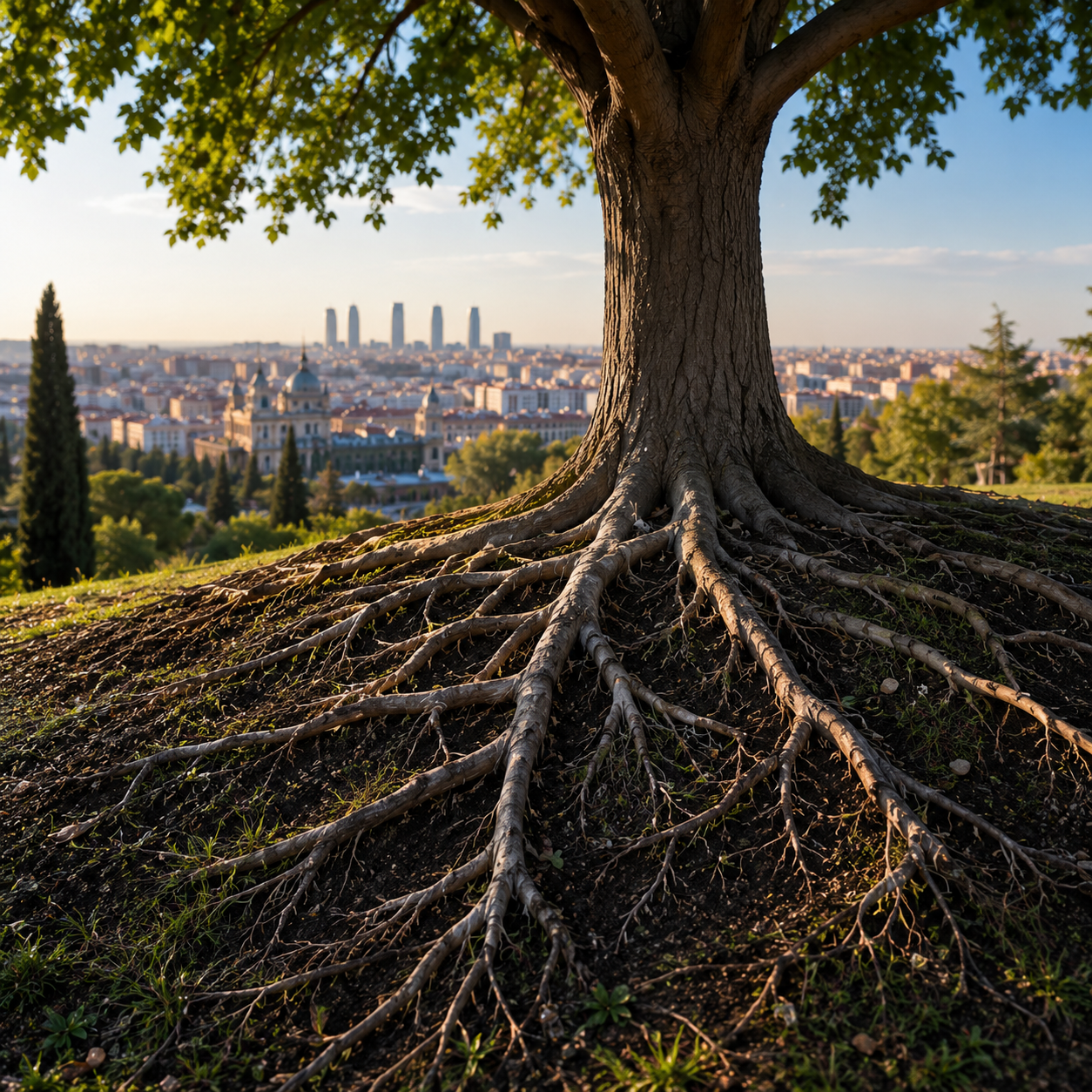 raices-arbol-estabilidad-madrid.jpg Raíces expuestas de un árbol urbano en Madrid relacionadas con estabilidad y evaluación de riesgo