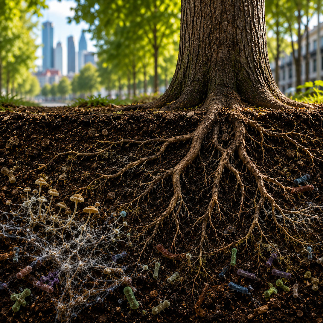 raices-arbol-suelo-microbiologia-madrid Sistema radicular de un árbol urbano con microbiología del suelo y raíces saludables en Madrid
