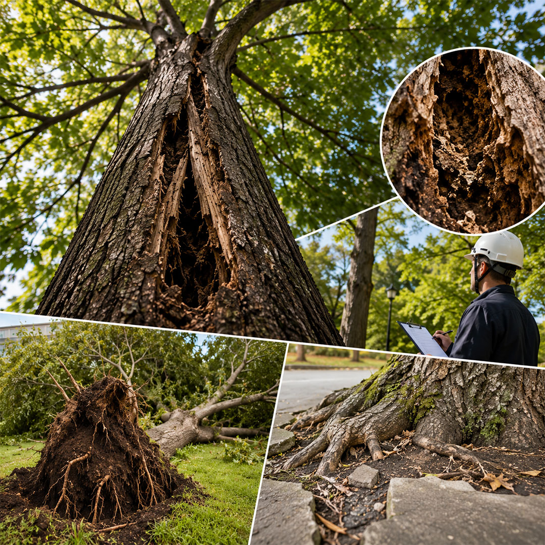 senales-de-peligro-en-arboles-madrid Árbol con cavidad interna, raíces expuestas y riesgo de caída evaluado por un arborista en Madrid
