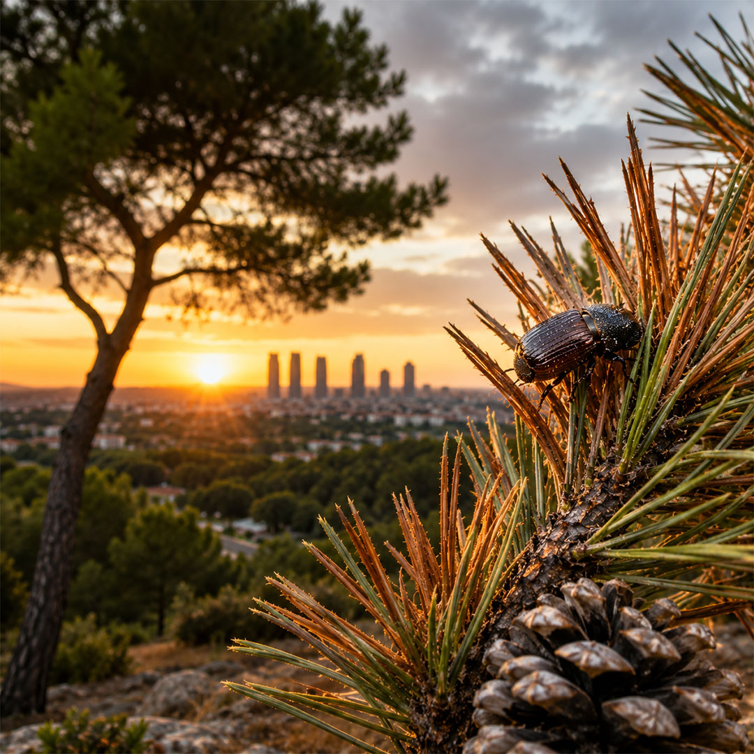 Escarabajo Tomicus sobre ramas de pino en Madrid con síntomas de debilitamiento forestal