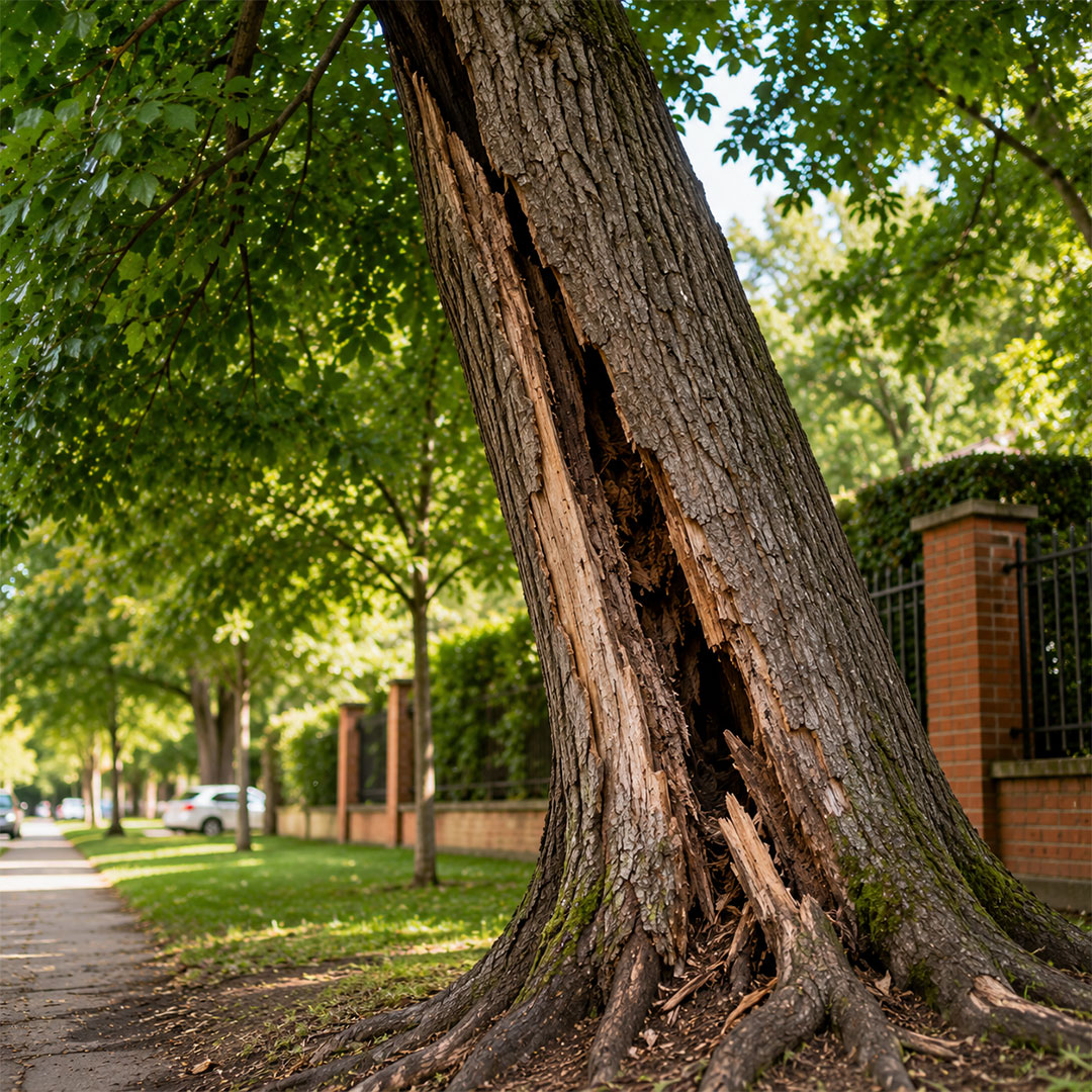 tronco-abierto-y-arbol-en-riesgo-de-caida-madrid Árbol urbano con cavidad y grieta profunda en el tronco con riesgo de caída en Madrid