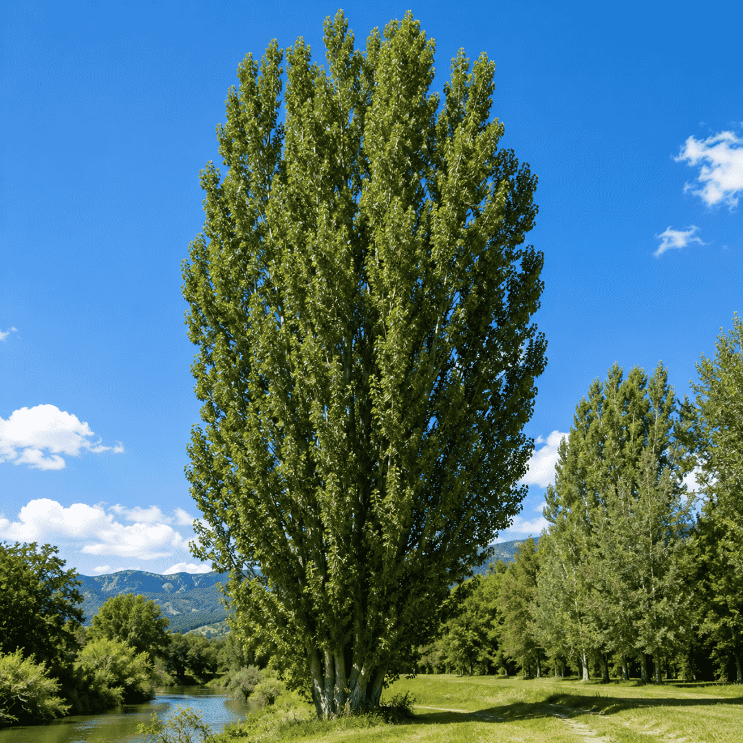 Grupo de álamos de gran altura junto a una zona verde y curso de agua, una especie conocida por sus raíces invasivas y crecimiento vigoroso.