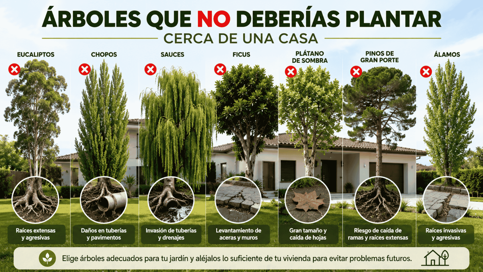 Comparativa de árboles con raíces invasivas que pueden dañar viviendas, tuberías y pavimentos en jardines de Madrid