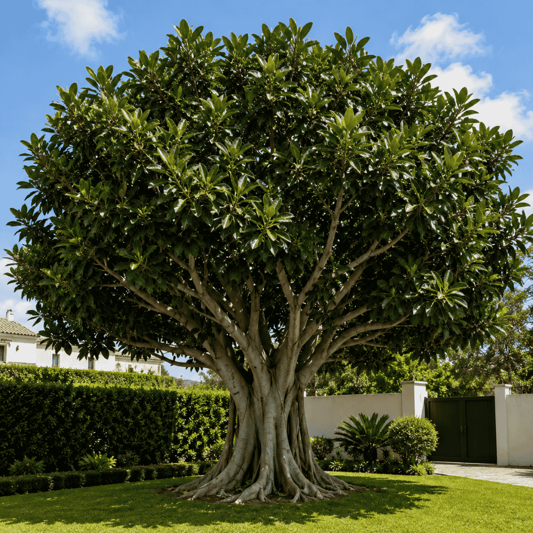 Ficus de gran tamaño plantado cerca de una vivienda, con raíces superficiales y crecimiento vigoroso que puede causar daños en jardines, muros y pavimentos.
