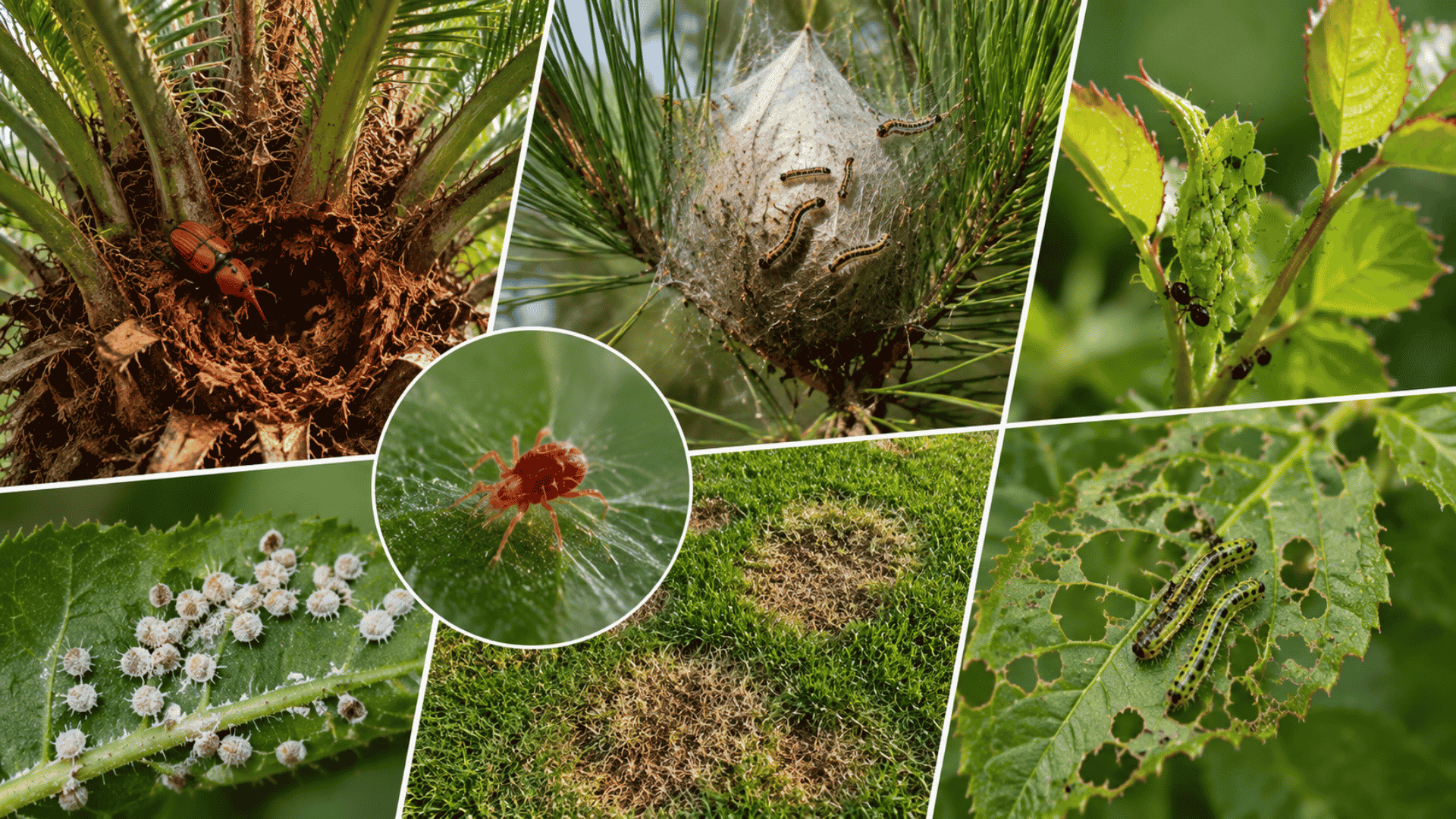 plagas-peligrosas-jardines-madrid-verano Collage de plagas comunes en jardines de Madrid durante el verano como picudo rojo, procesionaria, pulgones, cochinilla y araña roja