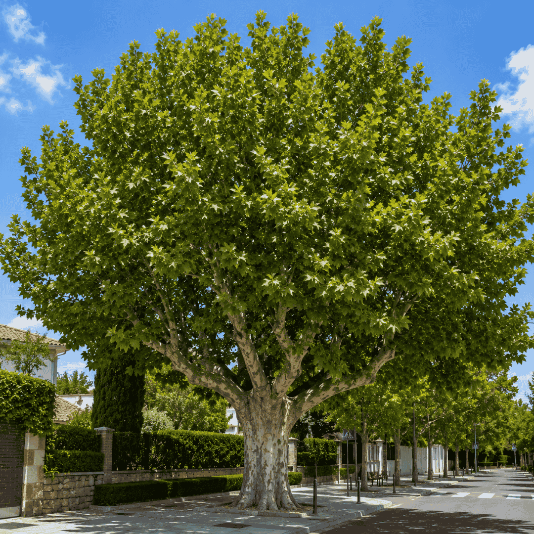 Plátano de sombra adulto plantado junto a una calle residencial con gran copa y raíces que pueden afectar aceras y pavimentos cercanos.