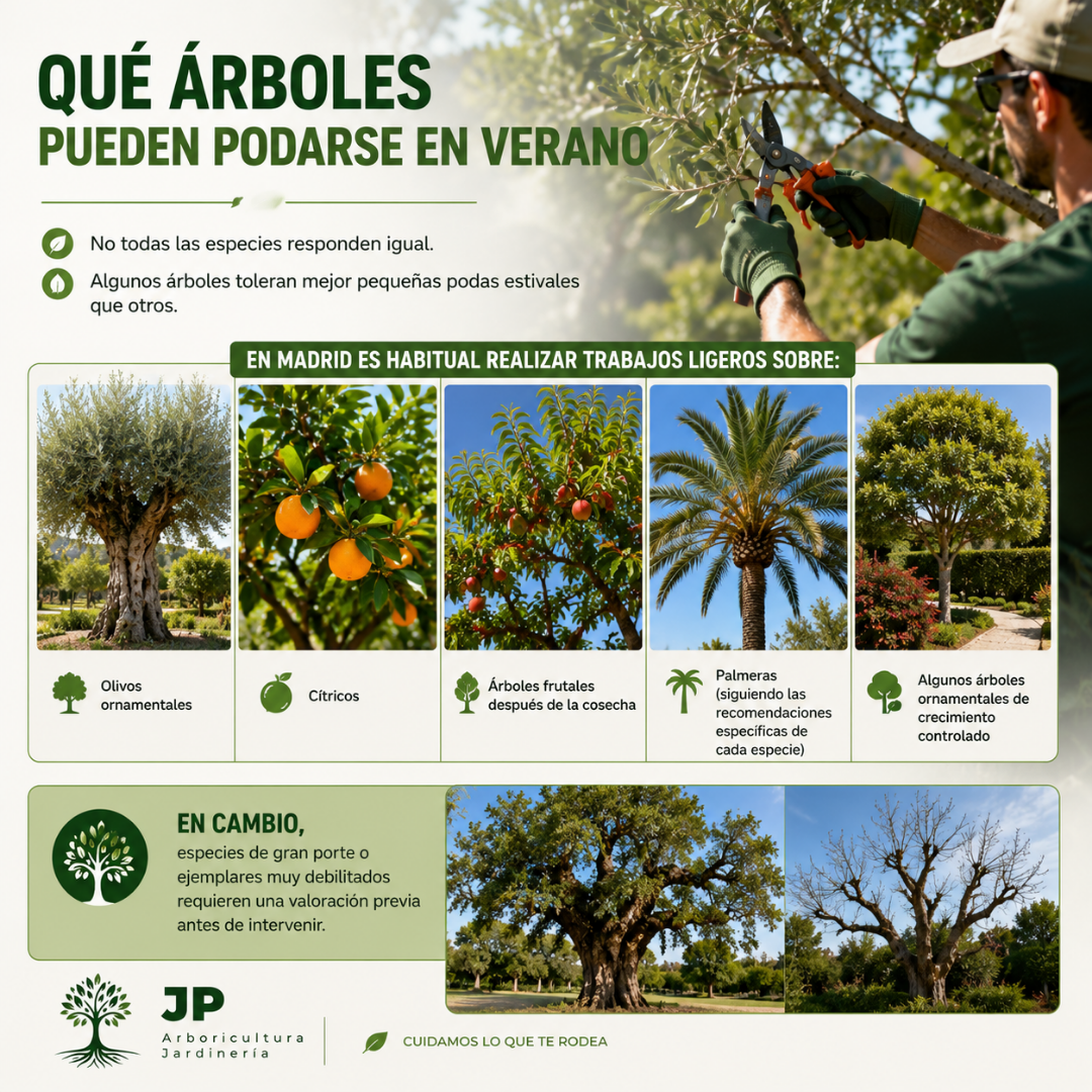 Arborista realizando una poda ligera de verano en un árbol. Imagen con ejemplos de especies que pueden podarse en verano en Madrid, como olivos ornamentales, cítricos, frutales, palmeras y árboles ornamentales.