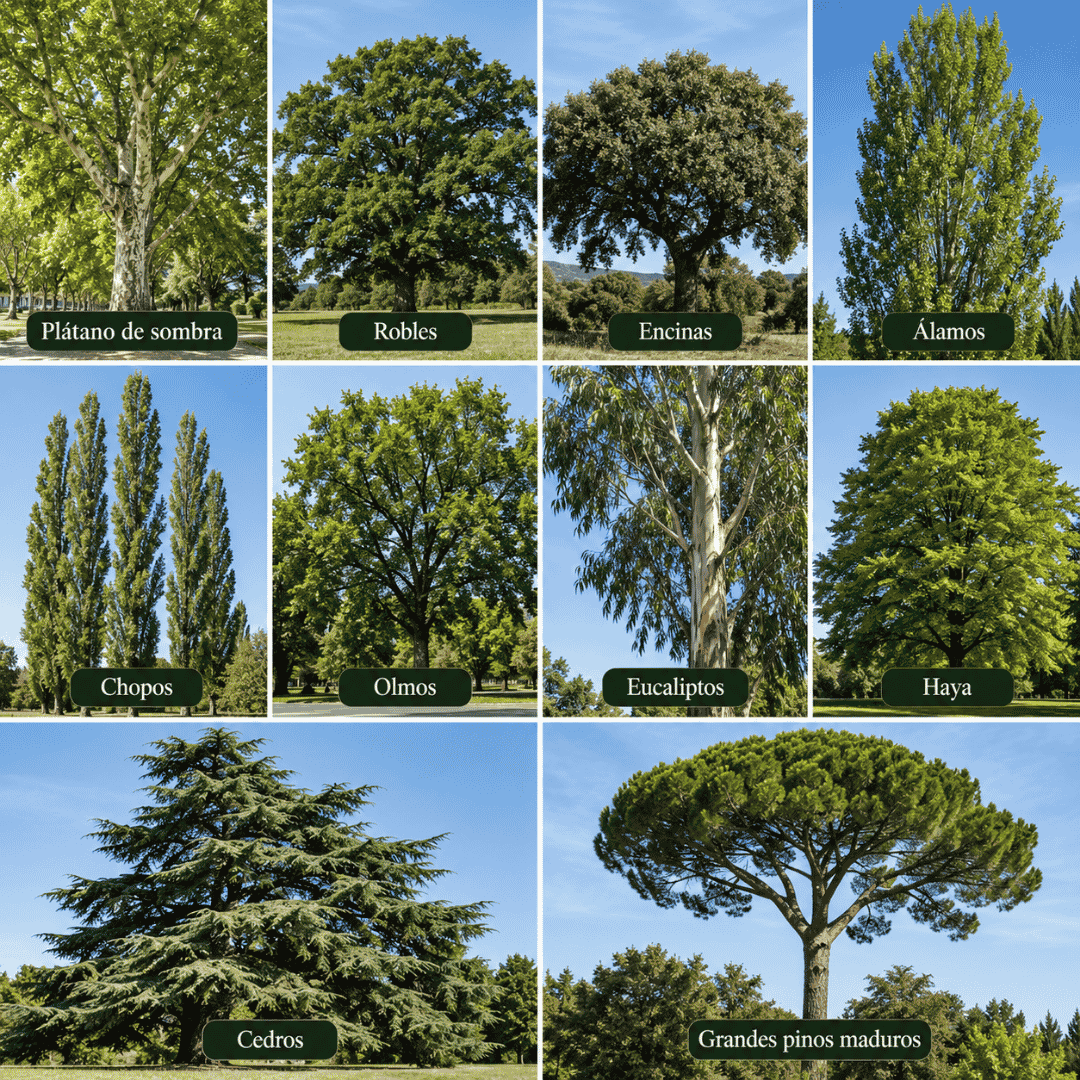 Árboles con mayor riesgo de sufrir Summer Branch Drop en Madrid Especies de árboles con mayor probabilidad de sufrir Summer Branch Drop durante el verano, como plátanos de sombra, robles, encinas, álamos, chopos, olmos, eucaliptos, hayas, cedros y grandes pinos maduros.