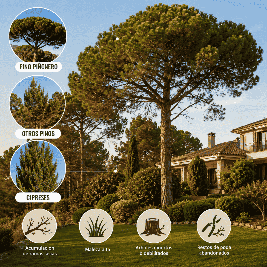 Diseño sin título (1) Incendio forestal próximo a una vivienda con jardín en Madrid durante el verano. Imagen que representa el riesgo que enfrentan jardines, parcelas y urbanizaciones situadas junto a zonas forestales y la importancia del mantenimiento preventivo.