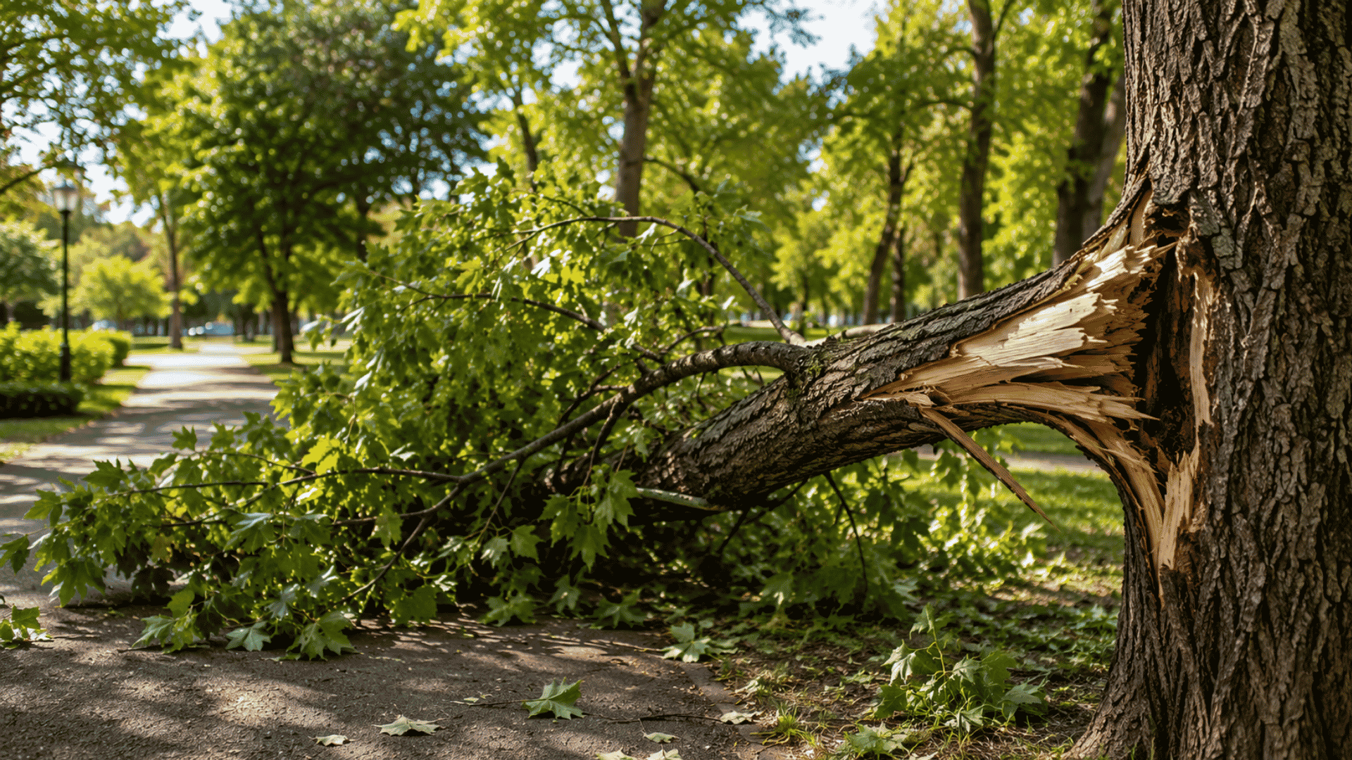 Summer Branch Drop: caída súbita de una rama de gran tamaño en un árbol de Madrid Rama de gran tamaño desprendida de un árbol durante el verano por el fenómeno Summer Branch Drop en un parque de Madrid.