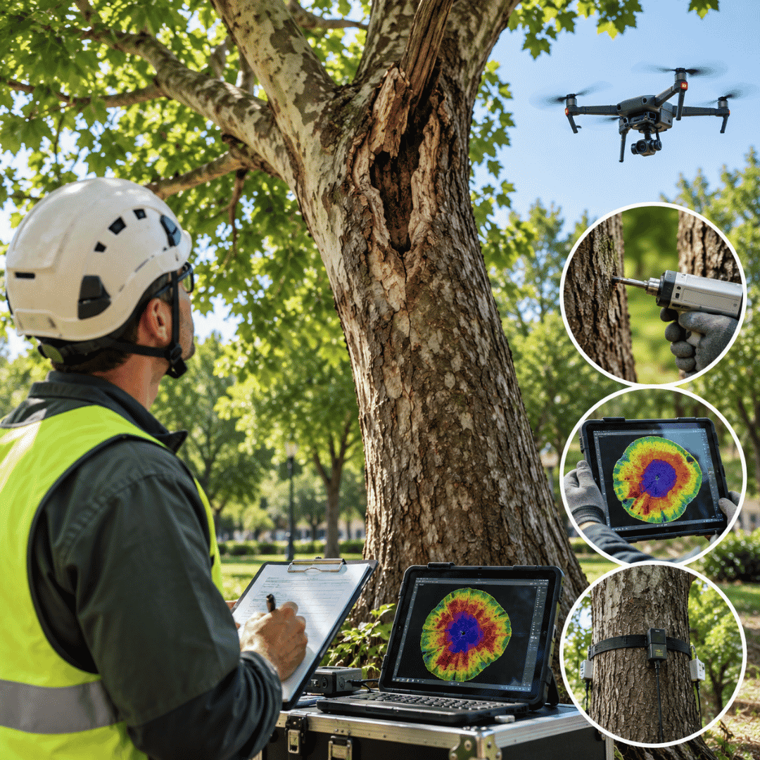 Inspección profesional de árboles para prevenir el Summer Branch Drop en Madrid Arborista realizando una inspección profesional a un árbol con riesgo de Summer Branch Drop mediante evaluación visual, resistógrafo, tomografía y apoyo de dron en Madrid.