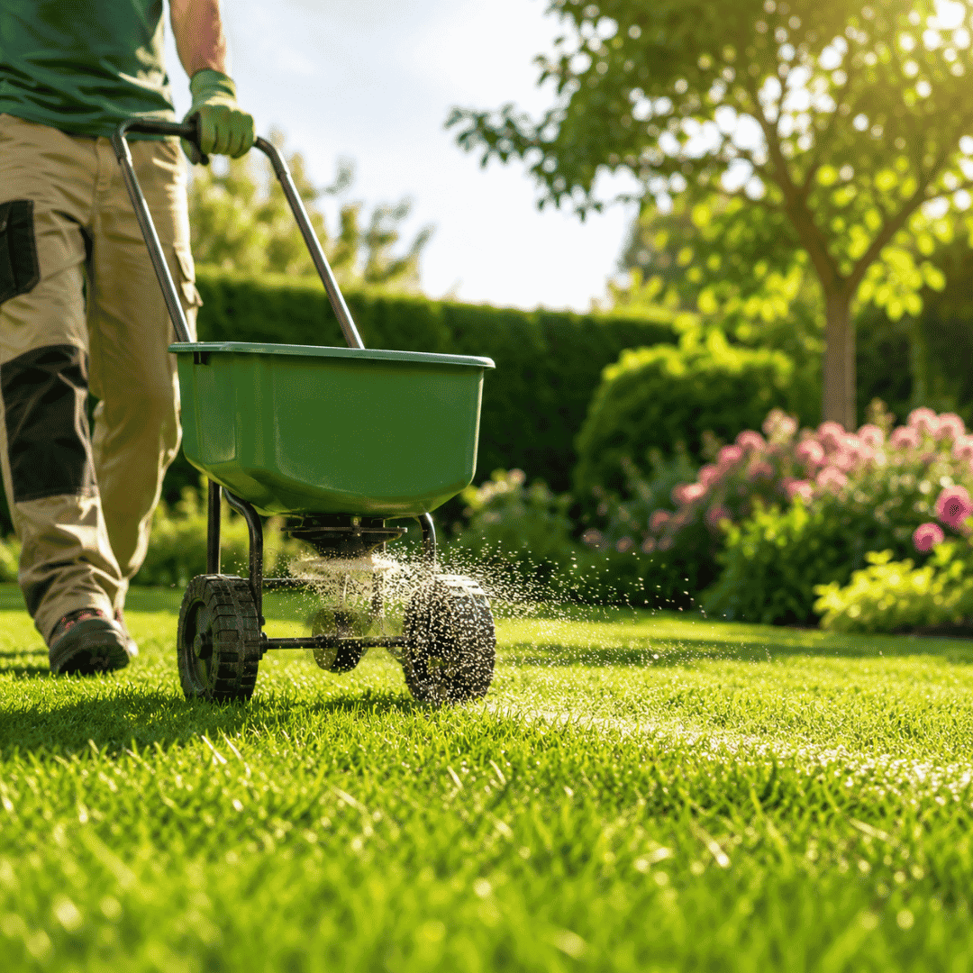 abonado-del-cesped-en-verano-madrid Jardinero aplicando fertilizante sobre un césped natural con un esparcidor durante las tareas de mantenimiento de verano en un jardín residencial de Madrid.