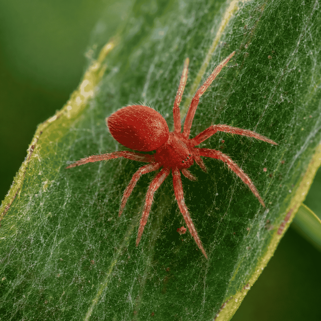 Primer plano de una araña roja sobre una hoja con finas telarañas, una plaga común que provoca amarilleo y debilitamiento de las plantas en jardines de Madrid.