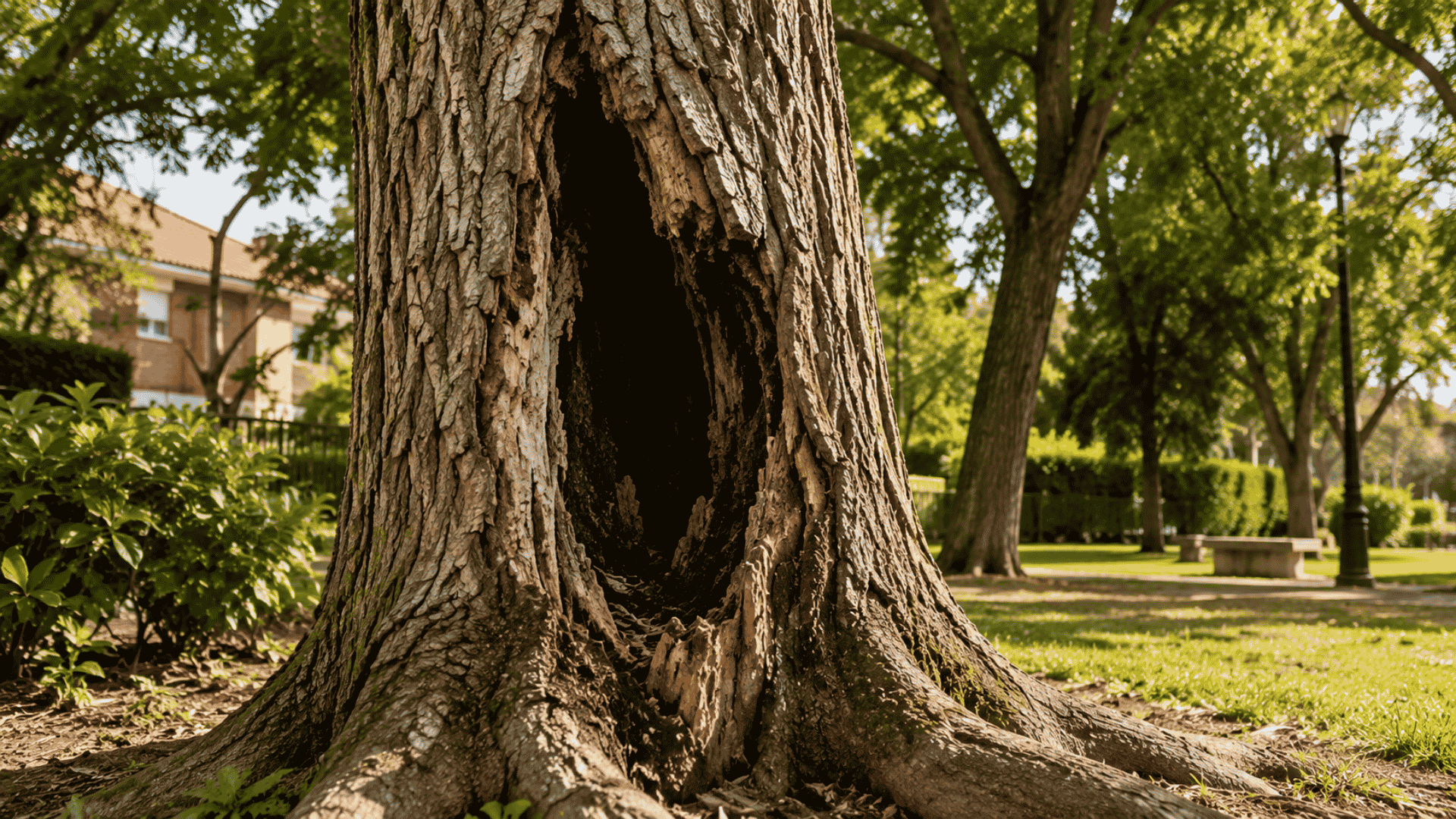 Árbol hueco por dentro con una gran cavidad en el tronco durante una inspección visual del arbolado en Madrid.