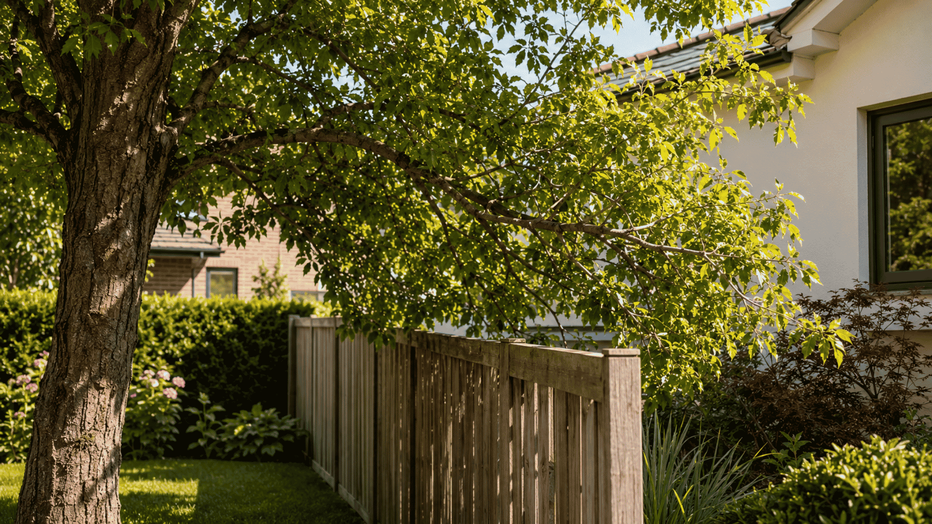 arbol-invade-propiedad-del-vecino-madrid Árbol con ramas que sobresalen sobre la valla e invaden la propiedad del vecino en una vivienda de Madrid, situación que puede requerir poda o evaluación profesional.