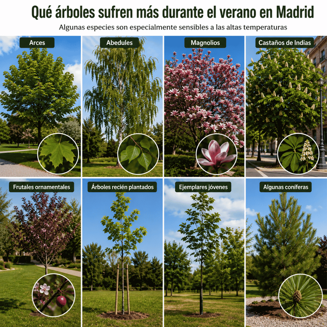Especies de árboles más sensibles al calor extremo en Madrid, como arces, abedules, magnolios, castaños de Indias, frutales ornamentales, árboles recién plantados, ejemplares jóvenes y algunas coníferas.
