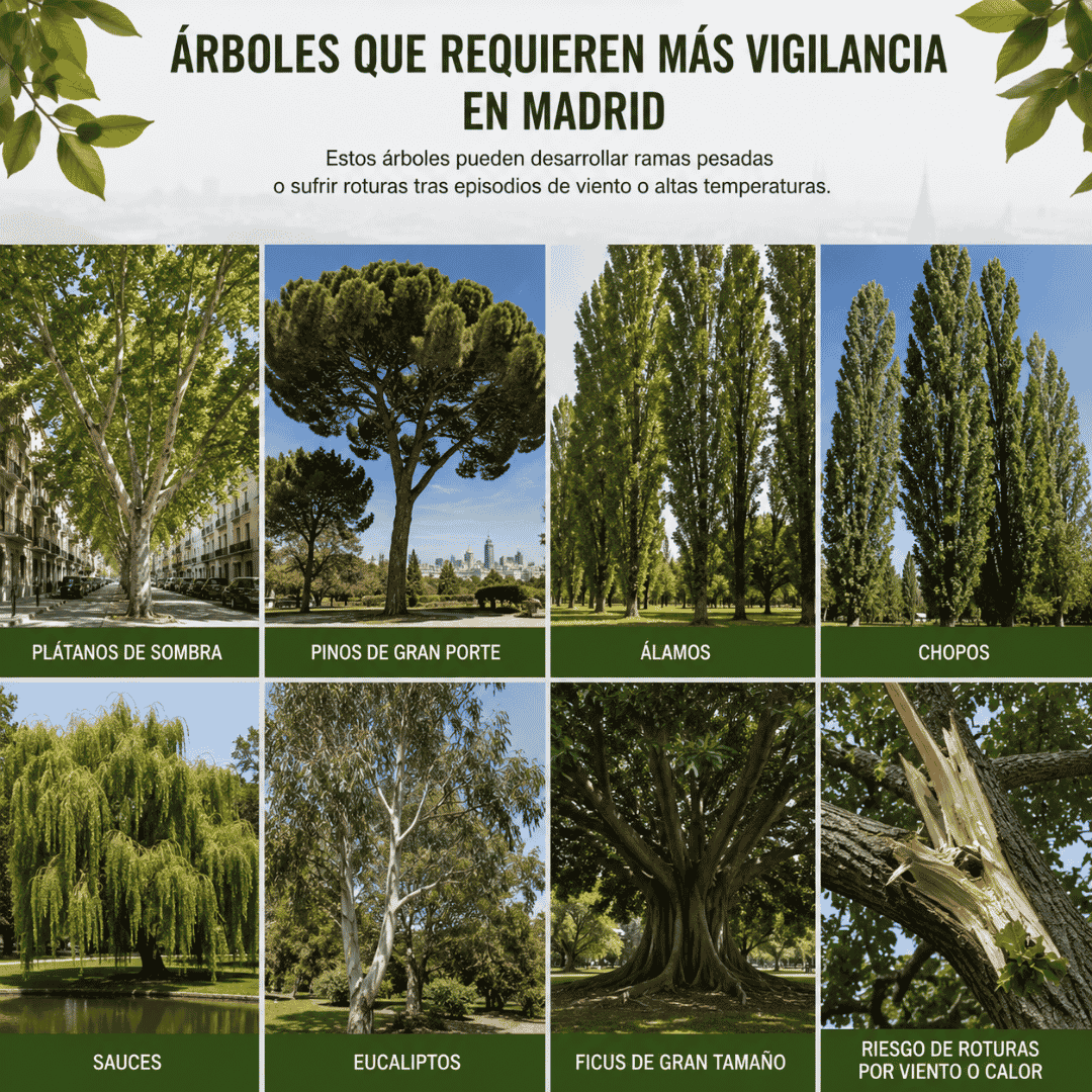 Infografía con las especies de árboles que requieren mayor vigilancia en Madrid, como plátanos de sombra, pinos de gran porte, álamos, chopos, sauces, eucaliptos y ficus de gran tamaño por su riesgo de rotura de ramas.