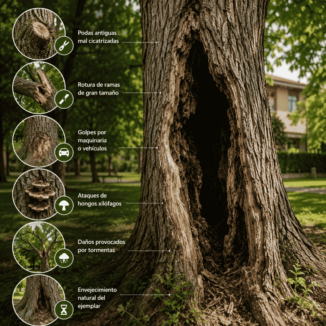 Infografía que muestra las principales causas por las que un árbol puede quedarse hueco por dentro, como podas mal cicatrizadas, hongos xilófagos, rotura de ramas, golpes, tormentas y envejecimiento natural en Madrid.