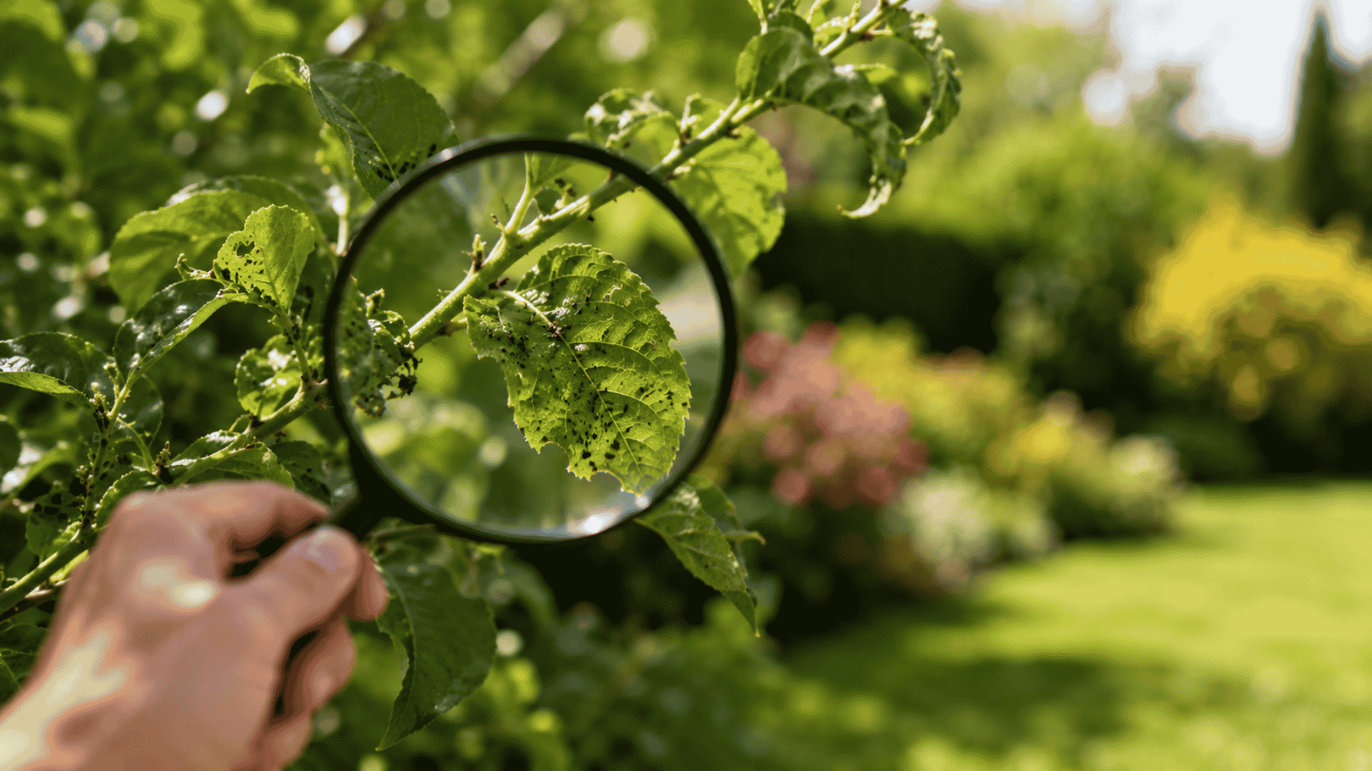 como-detectar-una-plaga-en-tu-jardin-madrid Inspección de hojas con una lupa para detectar una plaga en un jardín antes de que provoque daños en árboles, arbustos y plantas en Madrid.