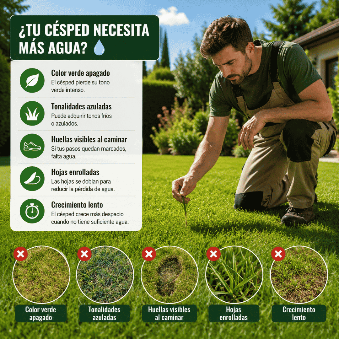 como-saber-si-el-cesped-necesita-mas-agua-verano-madrid Jardinero revisando un césped natural para detectar síntomas de falta de agua, como color apagado, huellas visibles, hojas enrolladas y crecimiento lento durante el verano en Madrid.