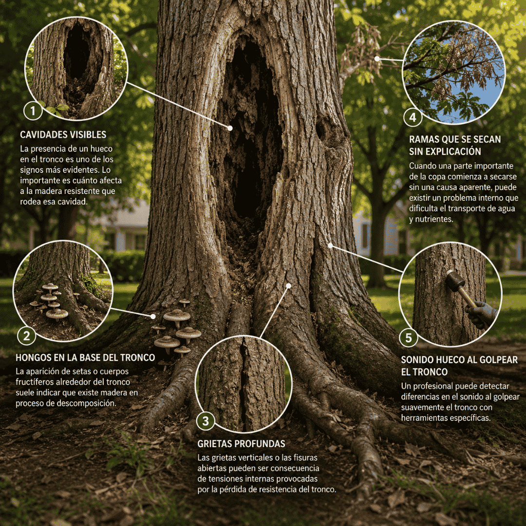 Infografía con las principales señales para saber si un árbol está hueco por dentro: cavidades visibles, hongos en la base del tronco, grietas profundas, ramas que se secan sin explicación y sonido hueco al golpear el tronco durante una inspección profesional en Madrid.