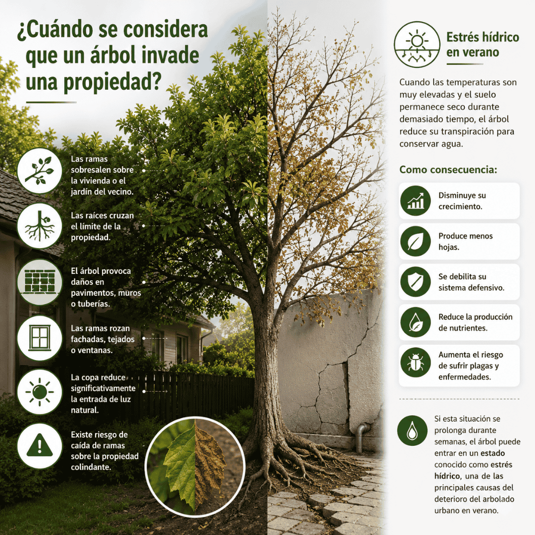 cuando-un-arbol-invade-una-propiedad-madrid Infografía que muestra cuándo un árbol invade una propiedad en Madrid, incluyendo ramas sobre viviendas, raíces que cruzan parcelas, daños en pavimentos y riesgo de caída de ramas.